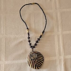 Handmade Mali Bead Pendant Necklace- 11"-Black/ Brown/Cream - African
